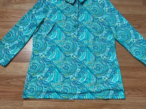 Talbots Collared Shirt Womens M Blue Green Paisley 1/4 Button Stretch Nylon Blen - Picture 3 of 12