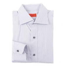 Isaia Napoli Classic-Fit Gray and White Striped Cotton Dress Shirt 16.5 x 34
