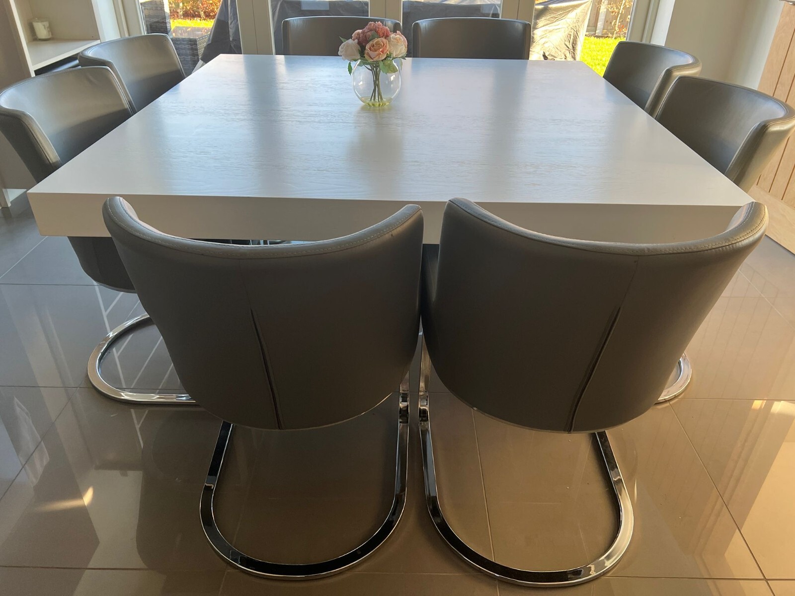 Aria White Oak and Glass Square Table & 8 x Grey Faux Dining