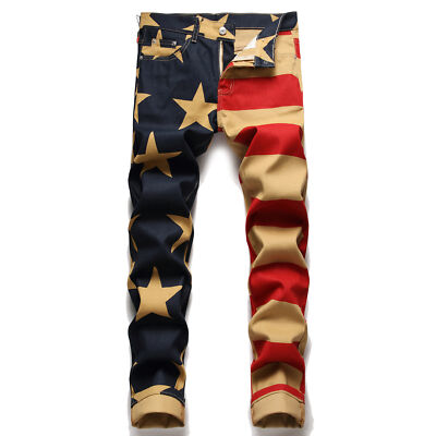 Men's American Flag Jeans, Skinny Straight Stretch Slim Fit Pants