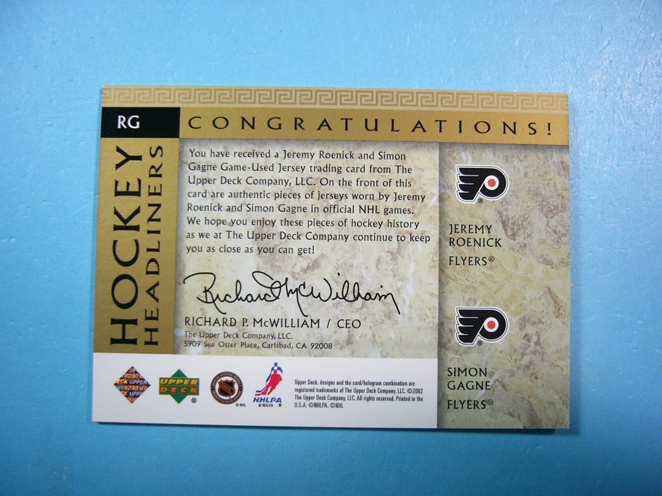 Tarjeta de hockey 2002/03 Upper Deck SP DOBLE JERSEY #RG Jeremy Roenick Simon Gagne casi nueva Foto 2 de 2