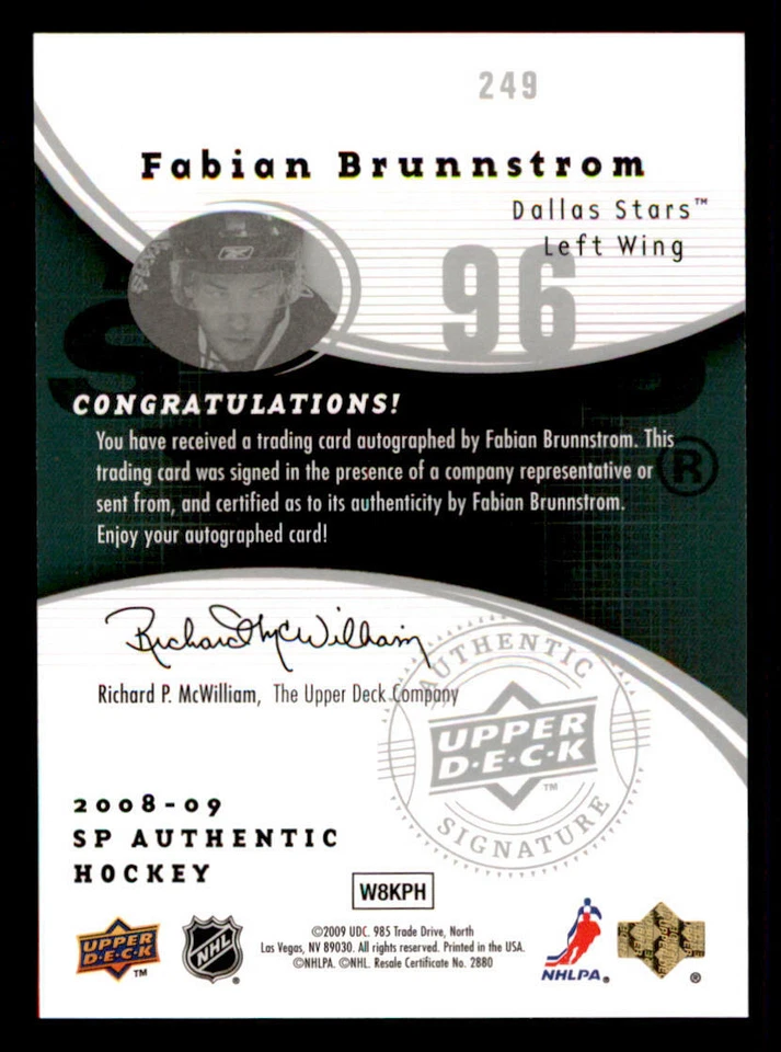 2008-09 SP Authentic #249 Fabian Brunnstrom AU RC /999 (ref 239819) - Image 2 of 2