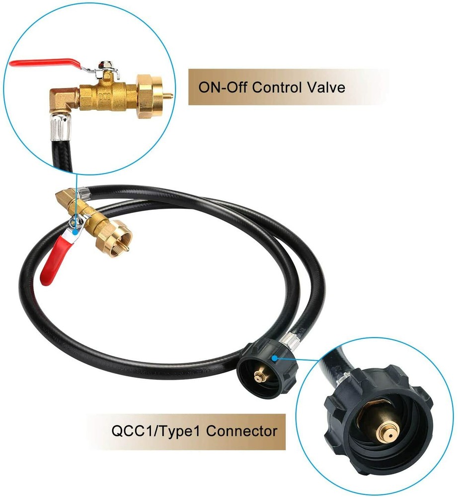48'' Upgraded Propane Refill Adapter Hose, QCC1 Inlet Control Valve 2 Bottle Cap
