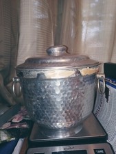 Vintage Silver color hammered ice bucket with 2 handles and lid. Made in Italy