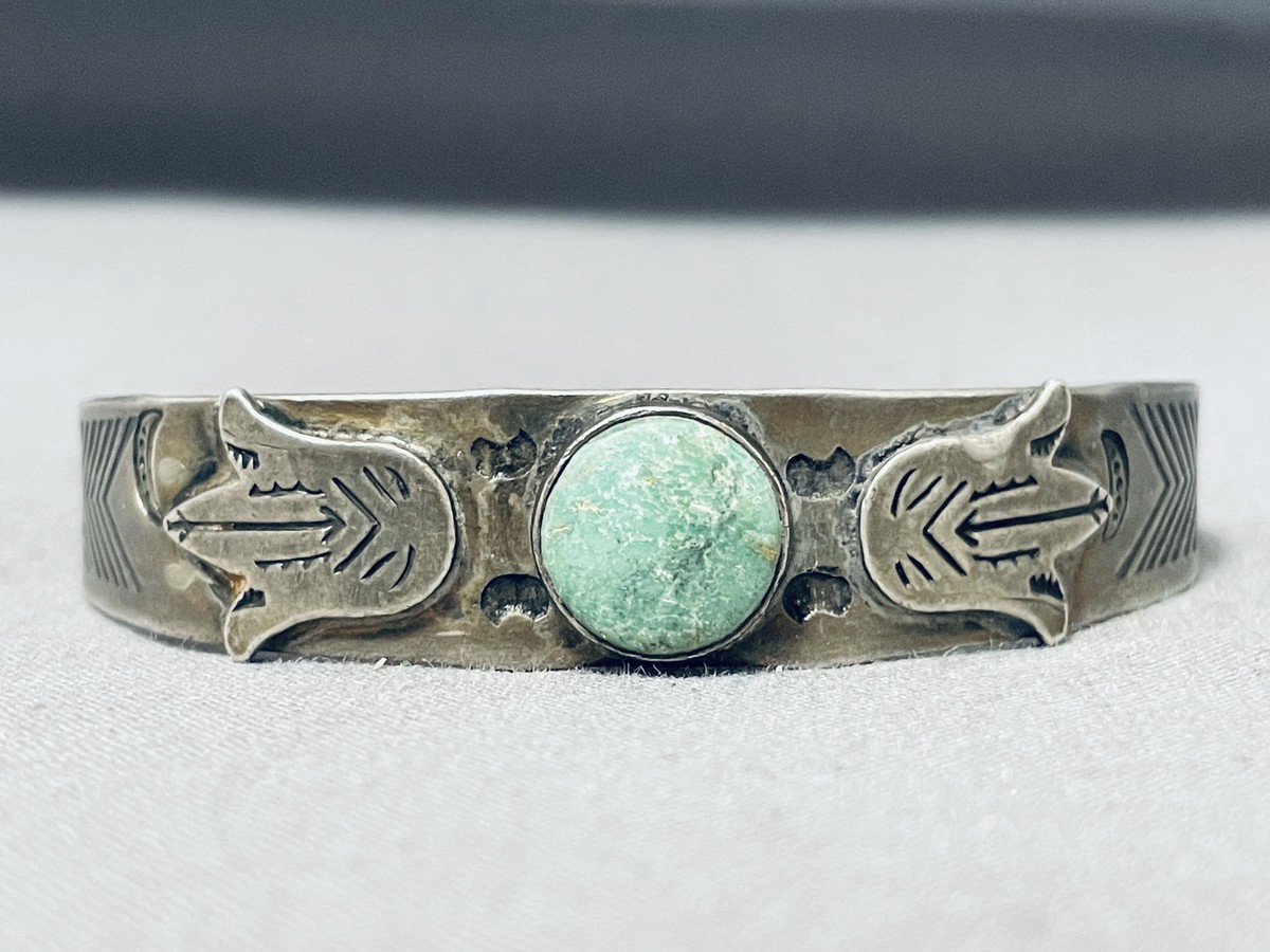 Early Vintage Native American Navajo Cerrillos Turquoise Sterling Silver Flank Bracelet Old Early Vintage Native American Navajo Cerrillos Turquoise Sterling Silver Flank Bracelet Old