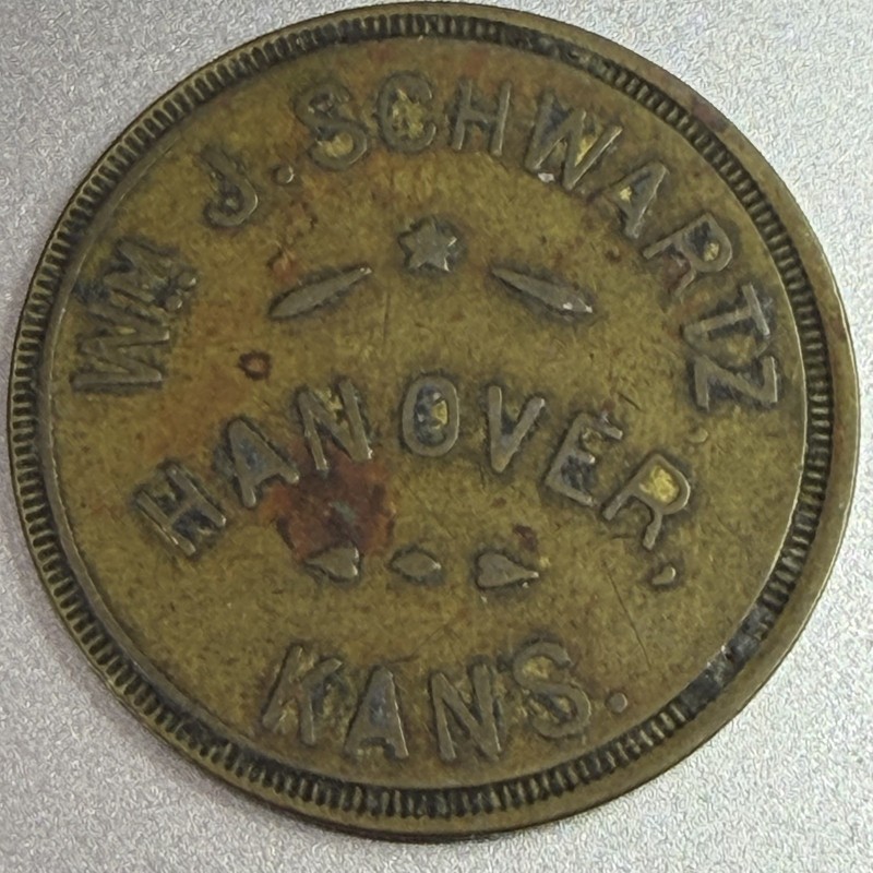 Kansas, Hanover, Wm. J. Schwartz Store Brass 50¢ Merchandise Token 425969
