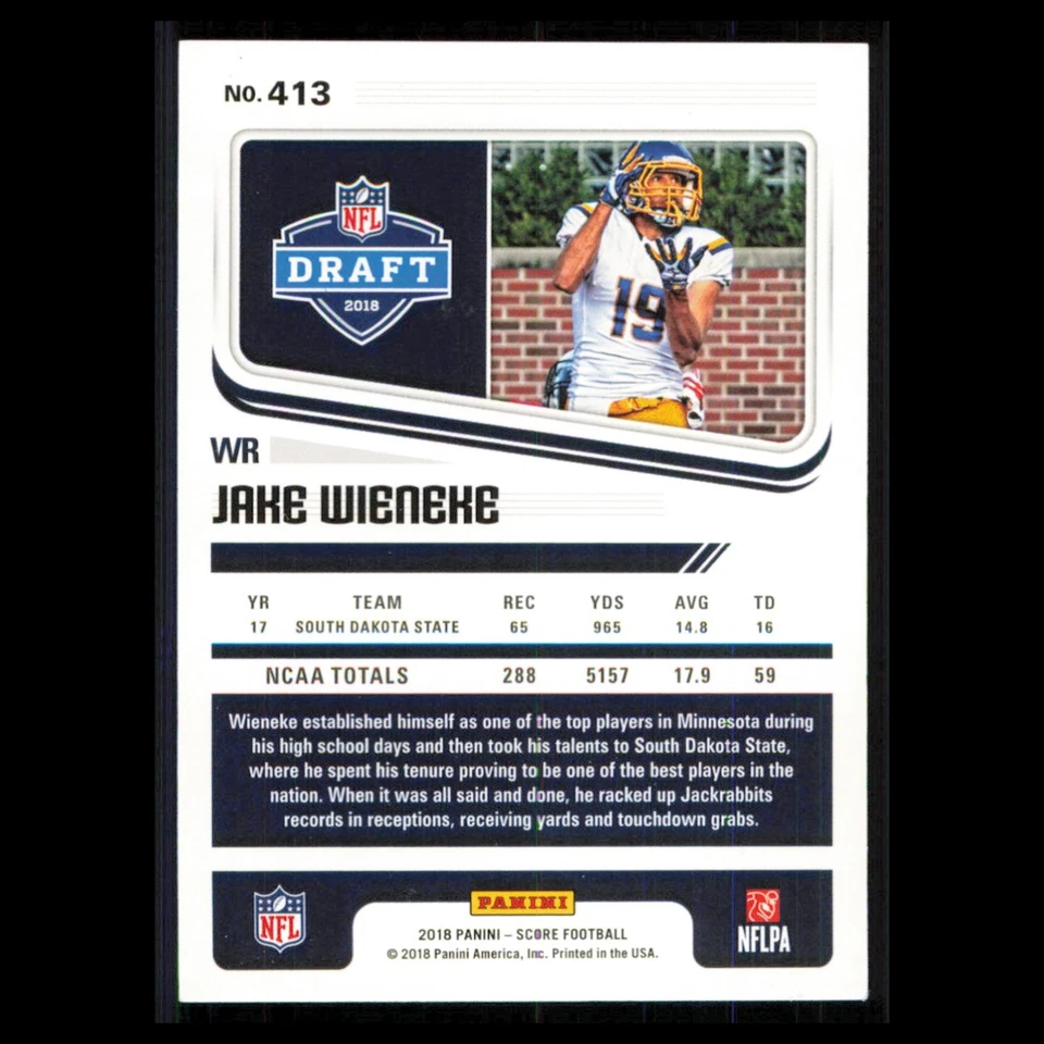 Jake Wieneke Rookie #413 2018 Score South Dakota State Jackrabbits Football Card - Image 2 of 3