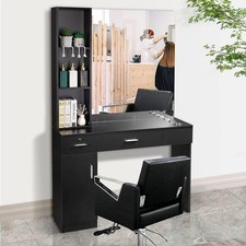 Beauty Salon Station Table Hair Styling Barber Storage Cabinet Shelves W/ Mirror