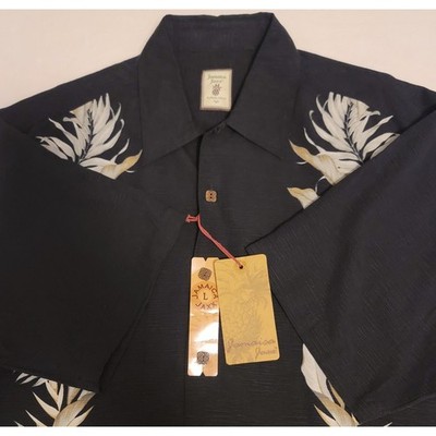 Jamaica Jaxx Silk Hawaiian Shirt Mens L Black Tropical Leaf Print NWT