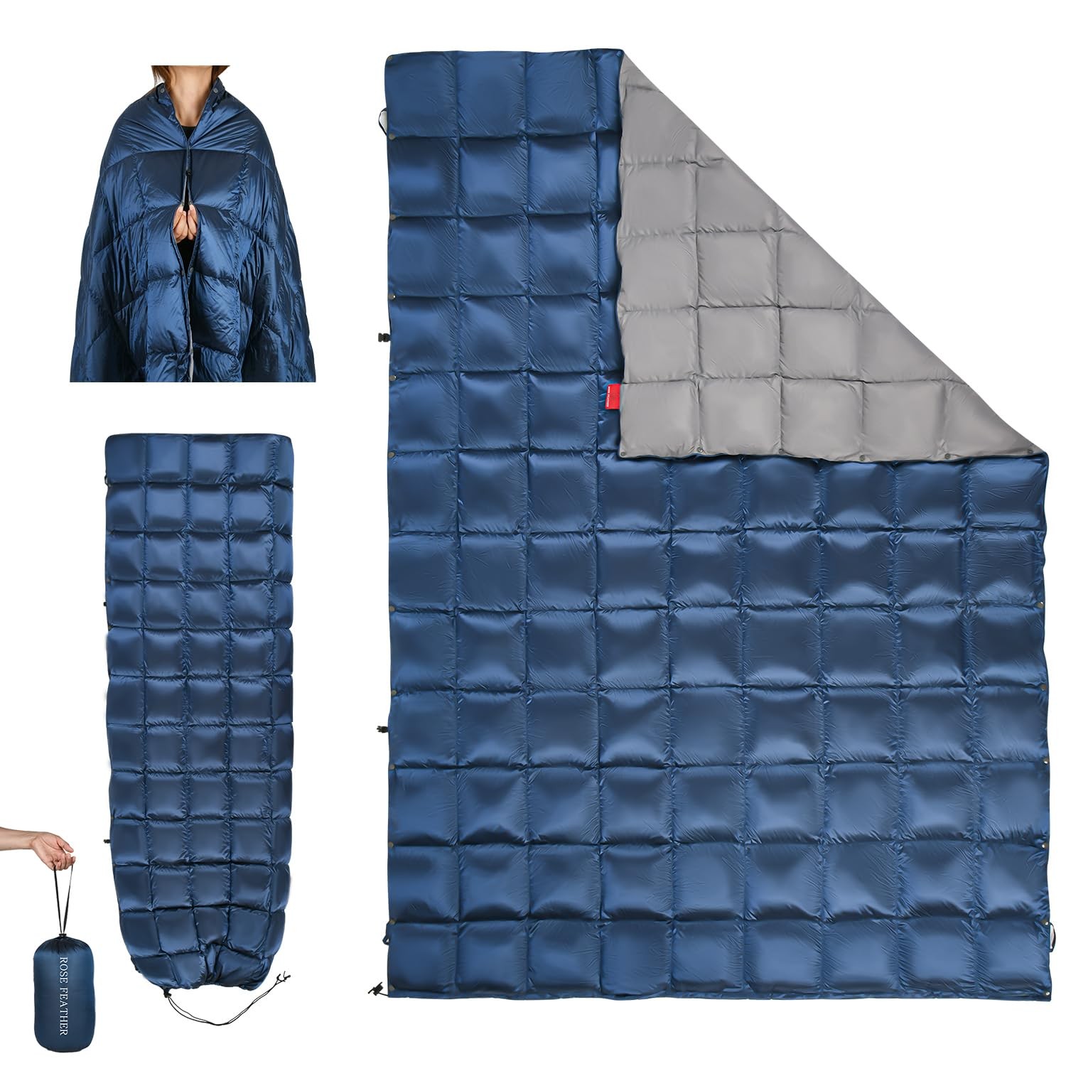 Manta de camping de plumón, manta de viaje al aire libre de uso múltiple, saco de dormir hinchado azul...