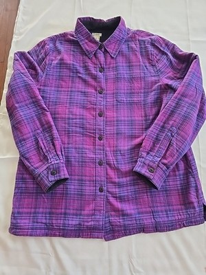 LL Bean Fleece Lined Flannel Shirt Women Medium Fur Purple Plaid Shacket Jacket