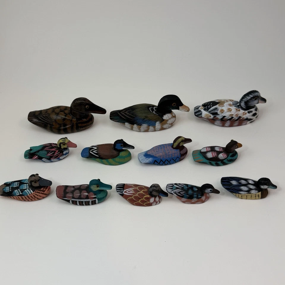 VTG 12 Hand Painted Carved Mini Wood Figurine Duck Lot Mallard Decoy 2” To 3” - Image 4 of 4
