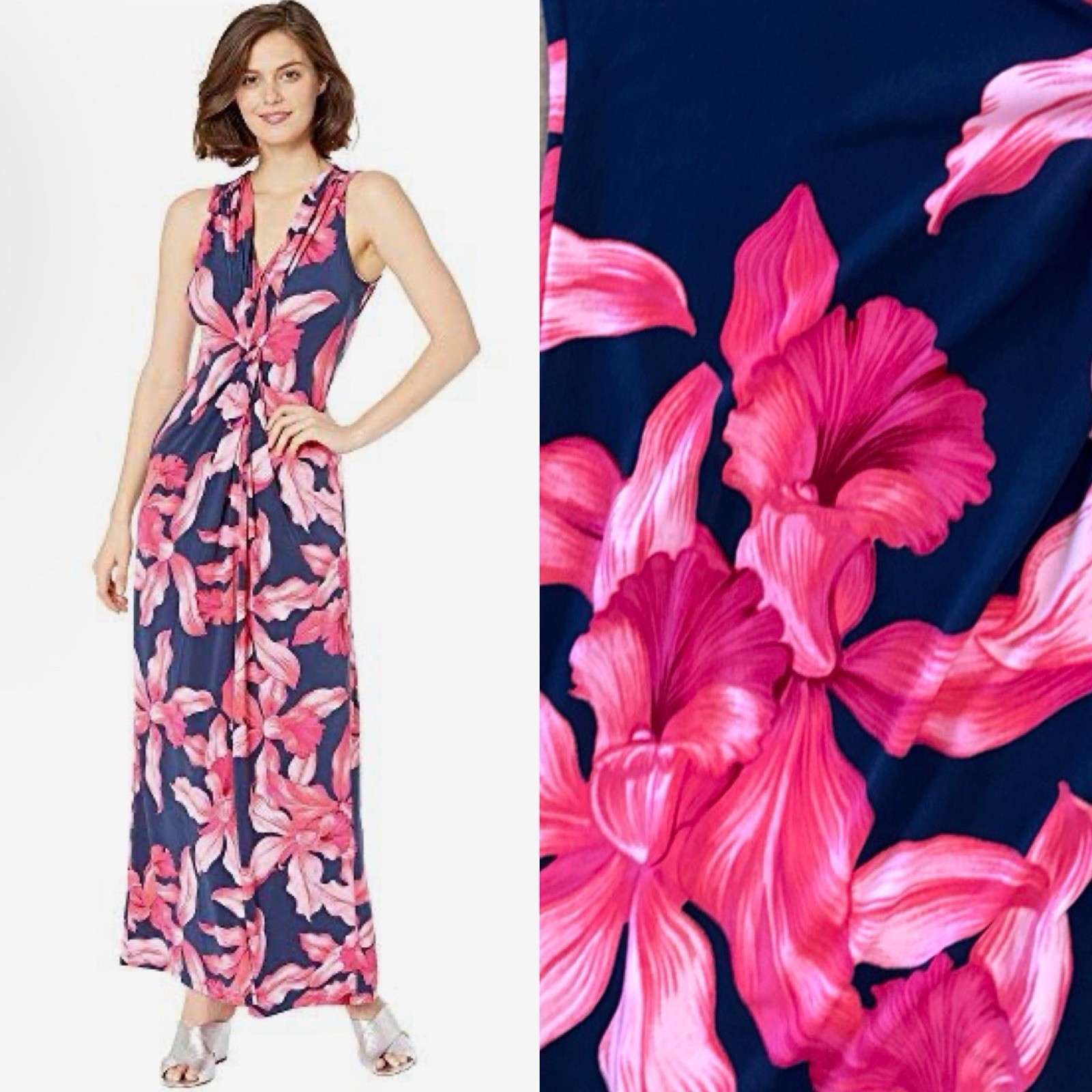 Tommy Bahama Floral Maxi Dress Pink Navy Twist Front Sleeveless Sz L Orchid Rua