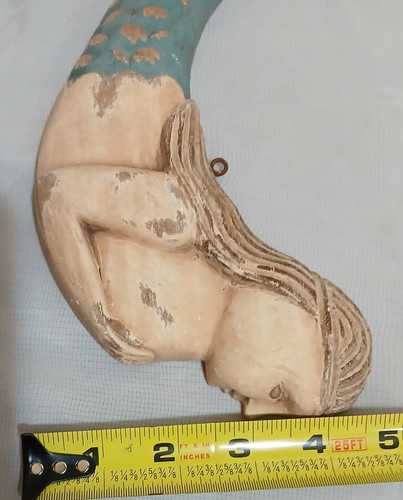 Vtg Indonesian Mermaid Carved Wood Distressed Finish Cottage Core Wallhanger - Picture 9 of 9