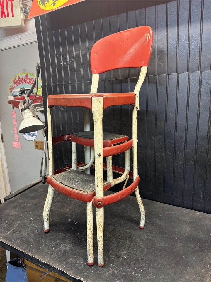 Primitive Century Cosco Retro Style Farmhouse Counter Chair/Step Stool Red White - Image 4 of 4