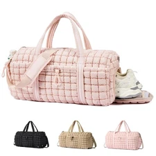 Quilted Duffel Bag for Women, Large Puffer Duffle Weekender Bag with Shoe Com...