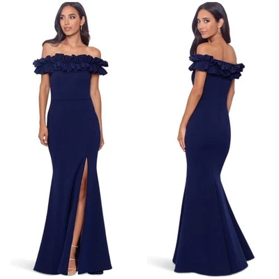 XSCAPE Dress Size 14 Ruffle Off The Shoulder Slit Formal Evening Gown Navy NWT - image 1 of 4