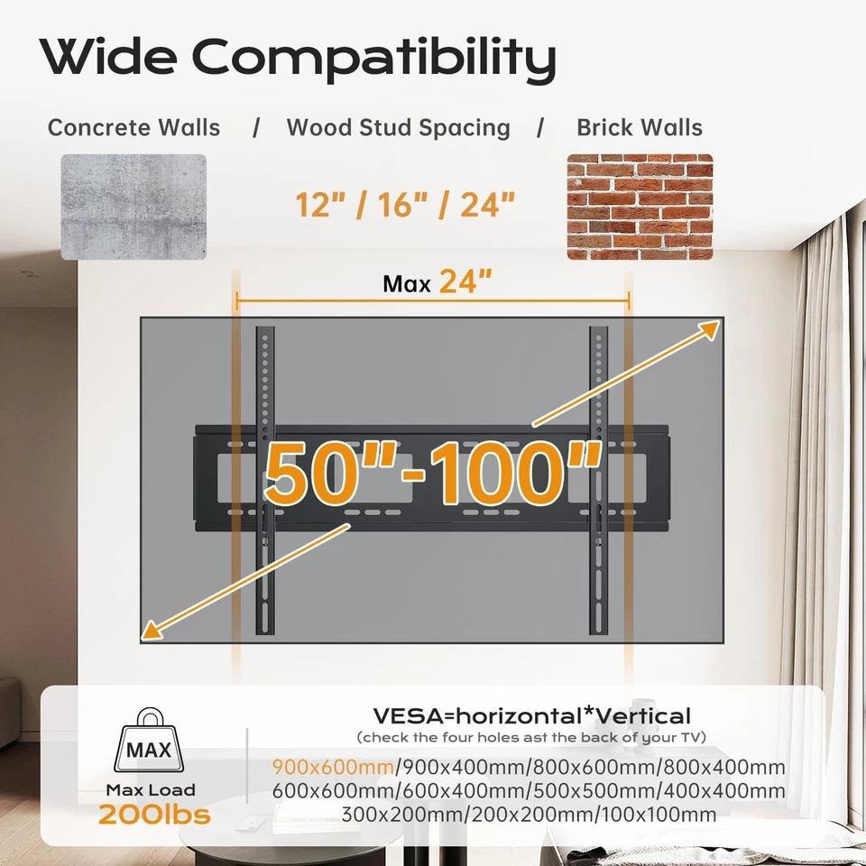 Soporte de pared para TV plana y curva de 70-100 pulgadas VESA hasta 900x600 LED OLED LCD Foto 3 de 4