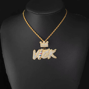 Authentic Round Moissanite Custom Name Enamel & Crown Hook Pendant 14K Yellow Gold Plated