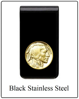 INDIAN HEAD NICKEL Money Clip - Vintage US Goldplate Coin - Black Stainless Clip