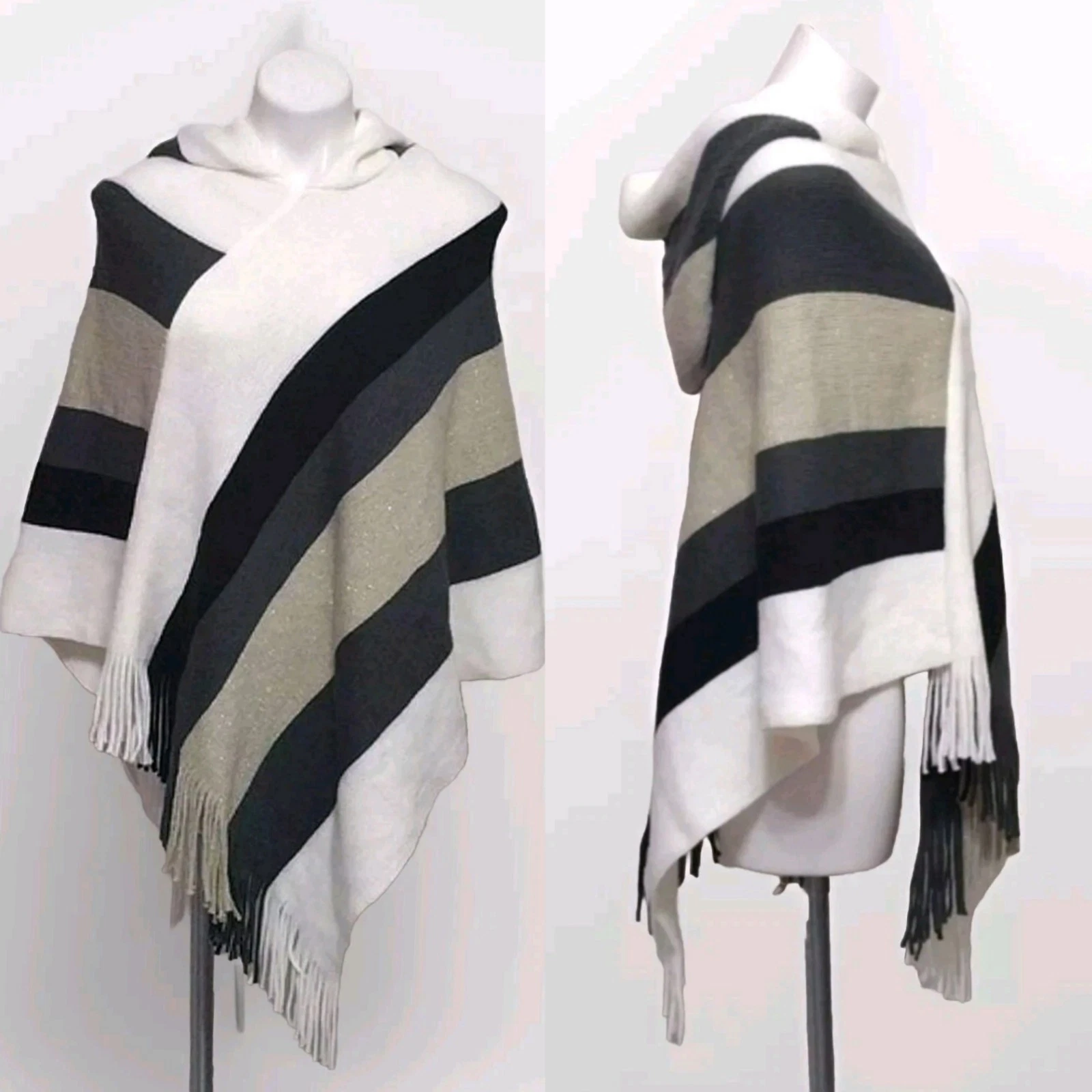 Boho Hooded Knitted Poncho Fringed Blanket Wrap Women’s One Size Cozy Travel Top