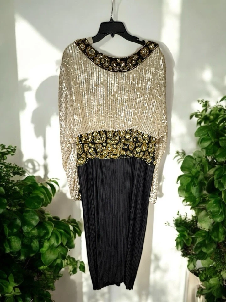 George F. Couture Beaded Sequin Gown Sz 16 Black Gold Vintage Maxi Glam - Image 3 of 4