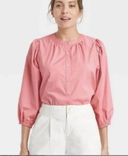 Womens A New Day Pink Button Front Blouse Puff Sleeve New Small