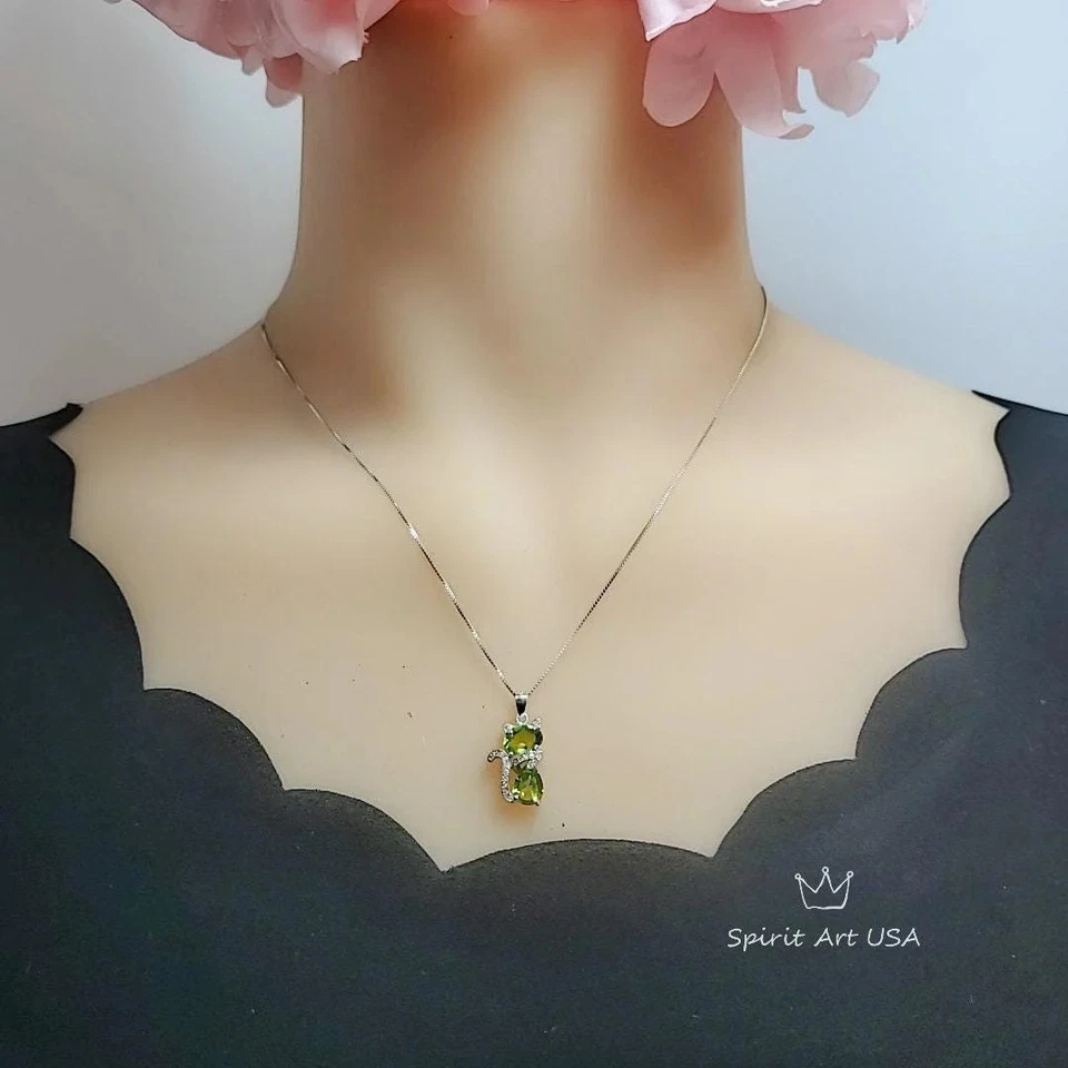 Genuine Peridot Necklace Sterling Silver Cat Kitty Necklace - Natural Green - Image 3 of 4