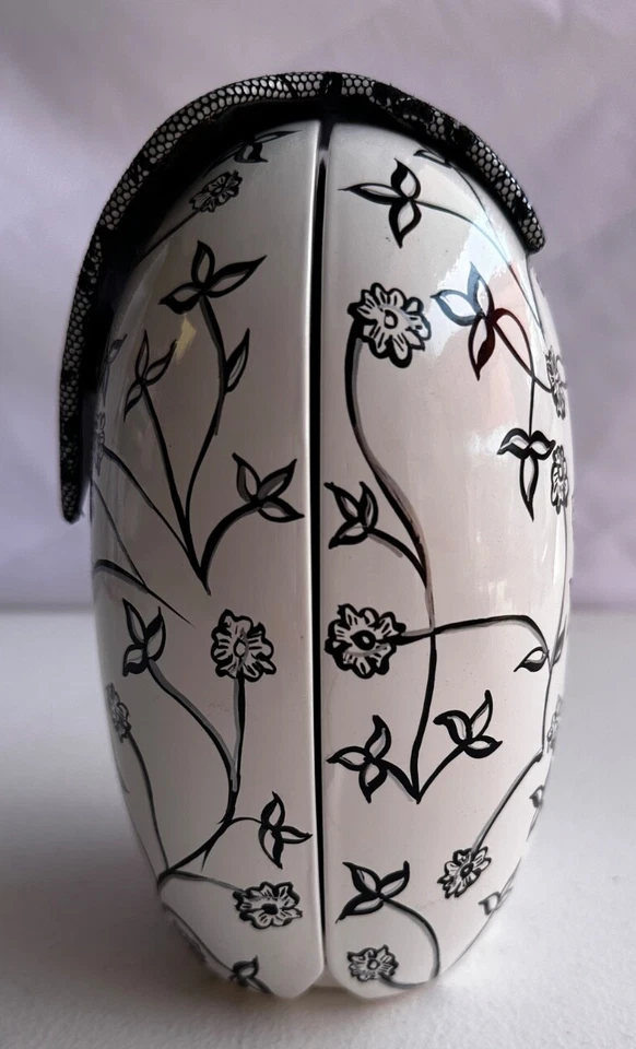 Cartera Huevo Madera Timmy Woods Beverly Hills Firmada De Colección Negra Blanca Floral Bisagras Foto 3 de 4