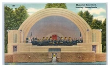 Reading, PA Postcard- MEMORIAL BAND SHELL Stage American Flags Instruments Pond