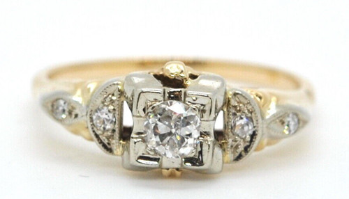 Single Diamond Right Hand Estate Ring Vintage Antique 14k Yellow Gold Mine Cut
