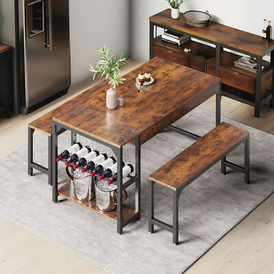 63'' 3 Piece Dining Table Set for 4 Home Kitchen Breakfast Dinette with 2 Benches