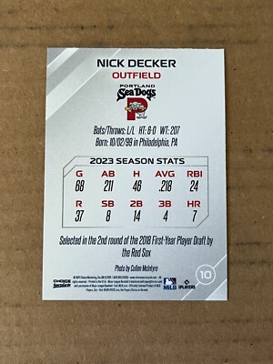 Nick Decker 2024 Portland Sea Dogs Team Card Red Sox #10 | eBay