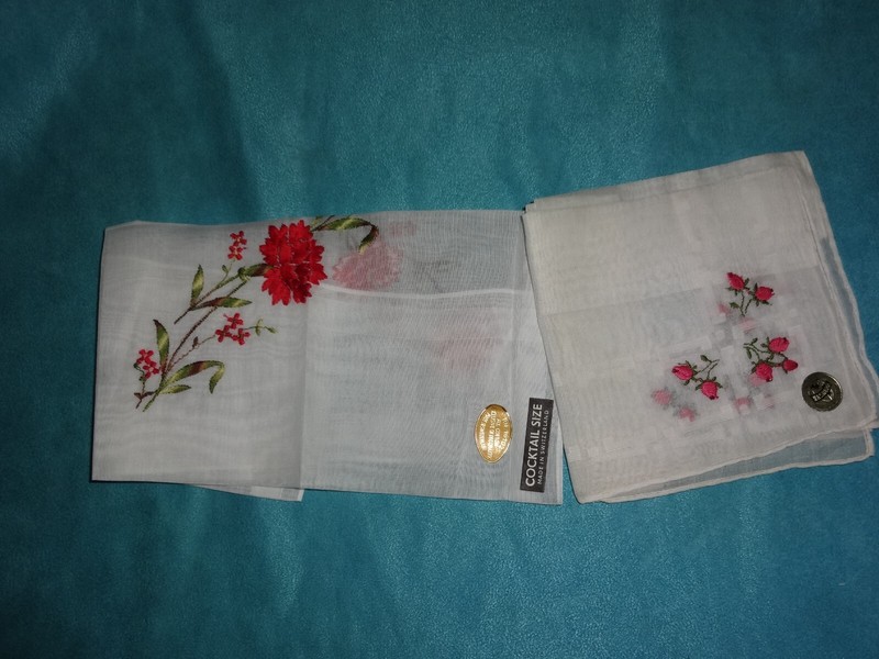 Vintage Lot 2 White Cotton Handkerchiefs Swiss Embroidered reds Nasharr