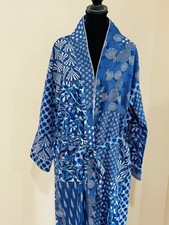 Indian Indigo hand print 100 cotton Blue robe gown women Boho maxi kimono dress