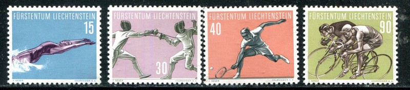 Liechtenstein #320-323 Light Hinged Sports Swimming Fencing Cycling Tenni Cat 15