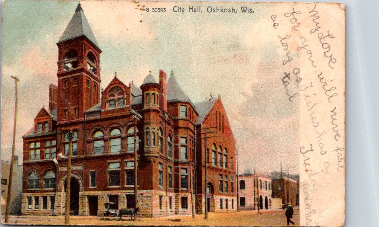 Oshkosh Wisconsin View of the City Hall 1907 Vintage Postcard              27012