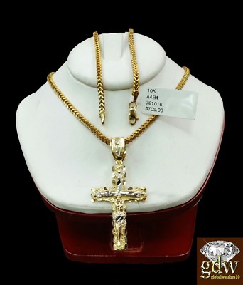 10k Gold Franco chain 20'' 10k cross pendant Set REAL Charm Cross 