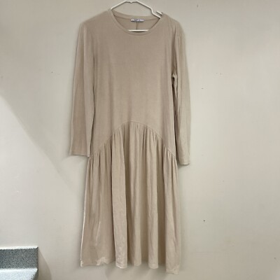 midi corduroy dress zara ZARA Large Soft Velvet Corduroy Ribbed 3/4 Sleeve Midi Dress Cream Tan  Beige