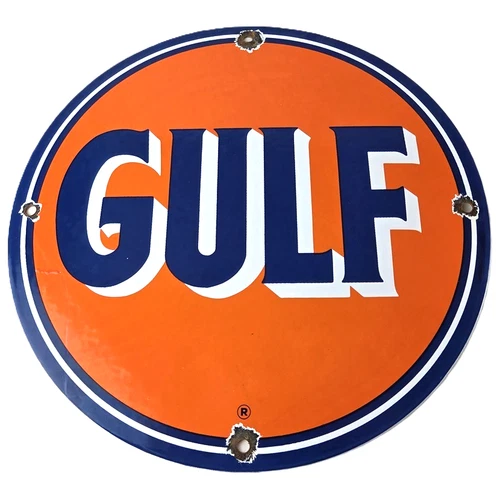 Vintage Gulf Gasoline Porcelain Sign - Orange Blue Logo Gas Station Sign