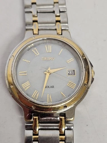 Vintage Seiko Solar V145-0D40 Roman Dial Two Tone Watch Runs SHIPS FREE
