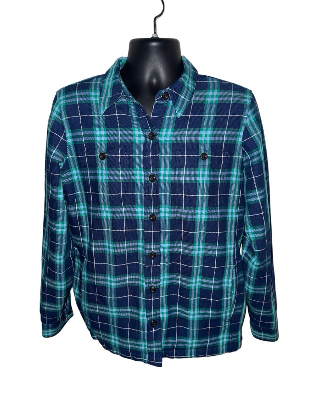 LL Bean Shirt Jacket Mens Medium Green Blue Flannel Quilt Lined Primaloft