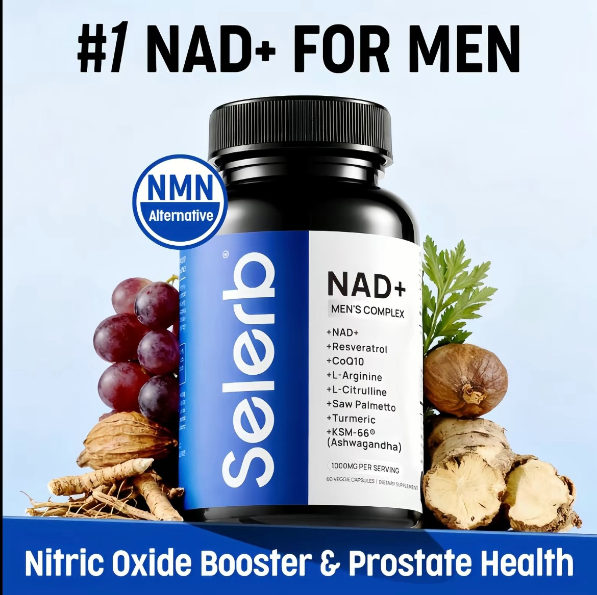 Natural NAD+ Vitamin Capsules, Circulation & Prostate Support for Men, 60 Caps