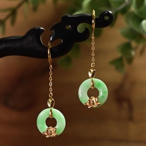 Authentic Natural Type A Jadeite Donut Earrings, Gold Plated Sterling Silver Lotus Dangles