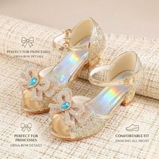 Girls Glitter Pearl Bow Sandals Kids Rhinestone High Heel Princess Party Shoes