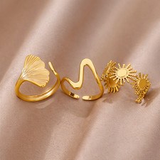 Elegant 3-Piece Adjustable Ring Set for Women   24K Gold Plated Stainless Steel