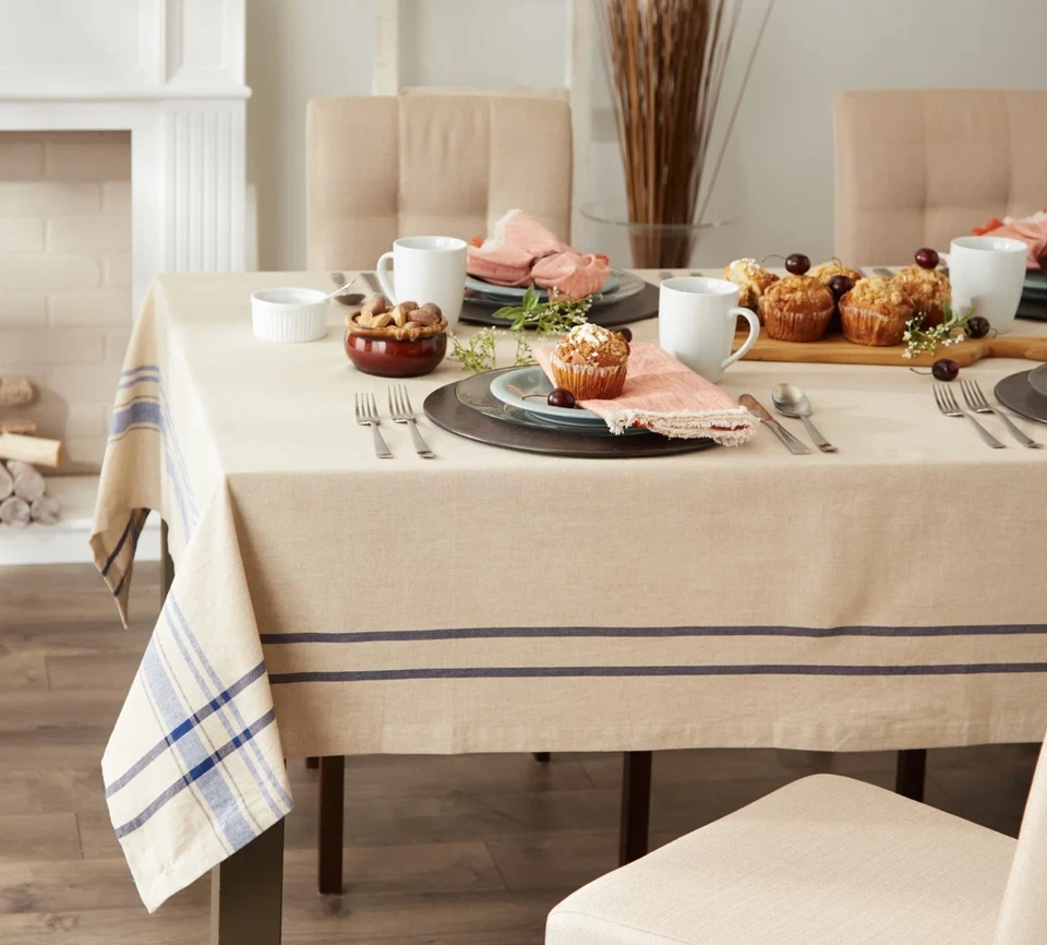 DESIGN IMPORTS NAUTICAL BLUE FRENCH STRIPE 60"x 84" 100% COTTON TABLECLOTH NEW - Image 4 of 4