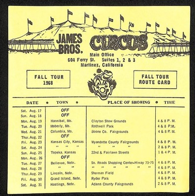 James Bros. Circus 1968 Fall Tour Route Card Martinez CA