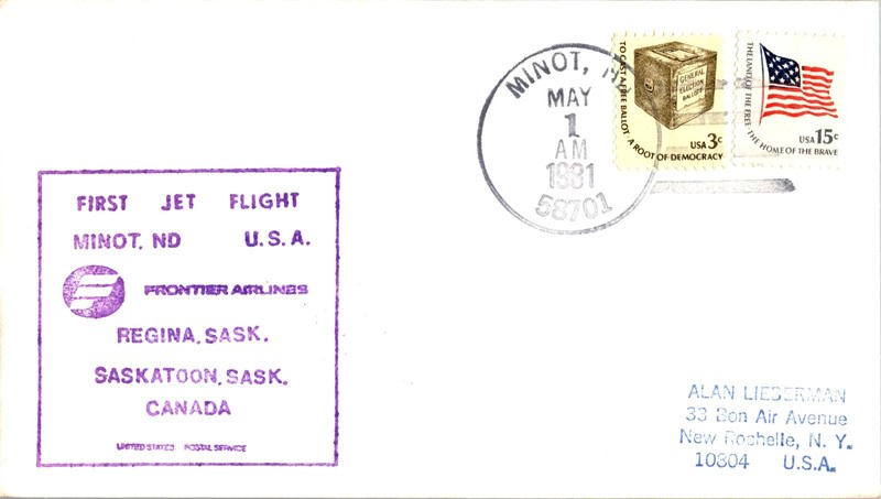 Frontier Airlines First Flight Minot North Dakota-Saskatoon Saskatchewan Canada