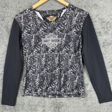 Harley Davidson Shirt Womens Medium Made in USA Long Sleeve Stretchy Biker Black